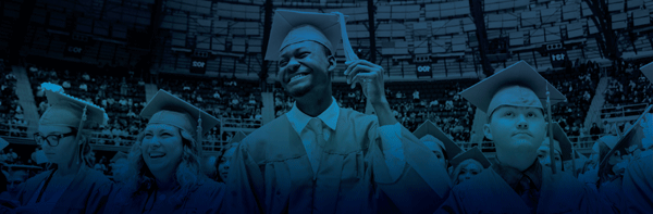 Smiling students graduating with a blue gradient overlay